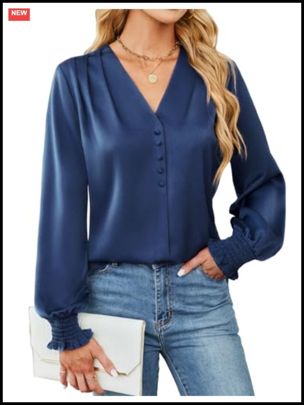 Satin Button-Down Blouse V-Neck Long Sleeve Dressy Casual Office Top